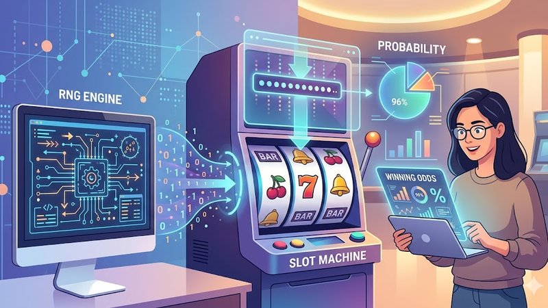 Современная иллюстрация механизма генератора случайных чисел в слотах для статьи о вероятности выигрыша